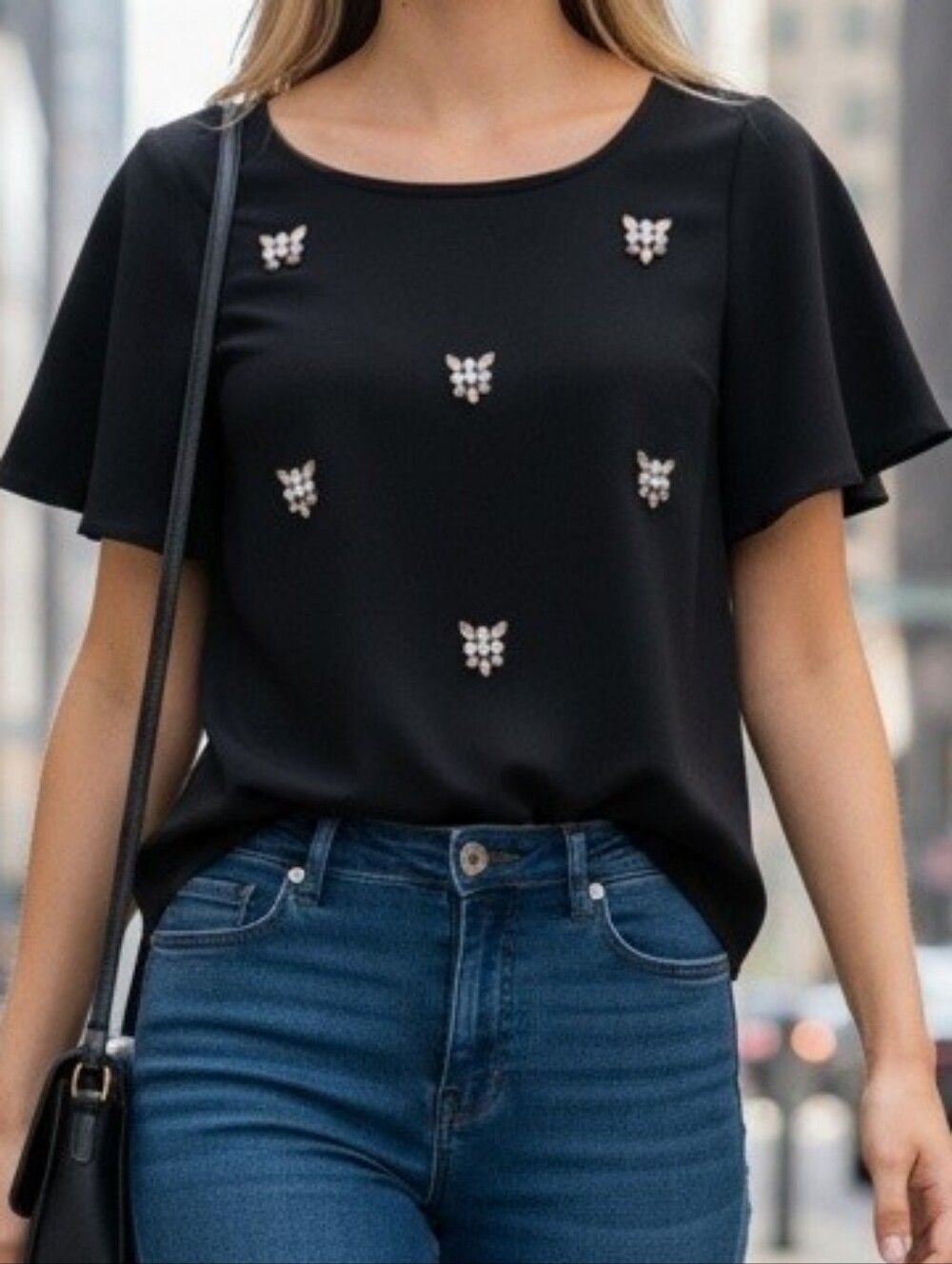 Jessica Simpson Black Embellished Butterfly Rhinestone Sleeve Blouse Size XS
